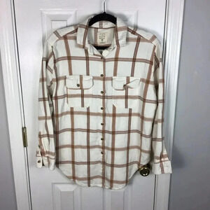 Billabong Oversized Thick Flannel Shirt Jacket Ivory Brown Plaid Size Small